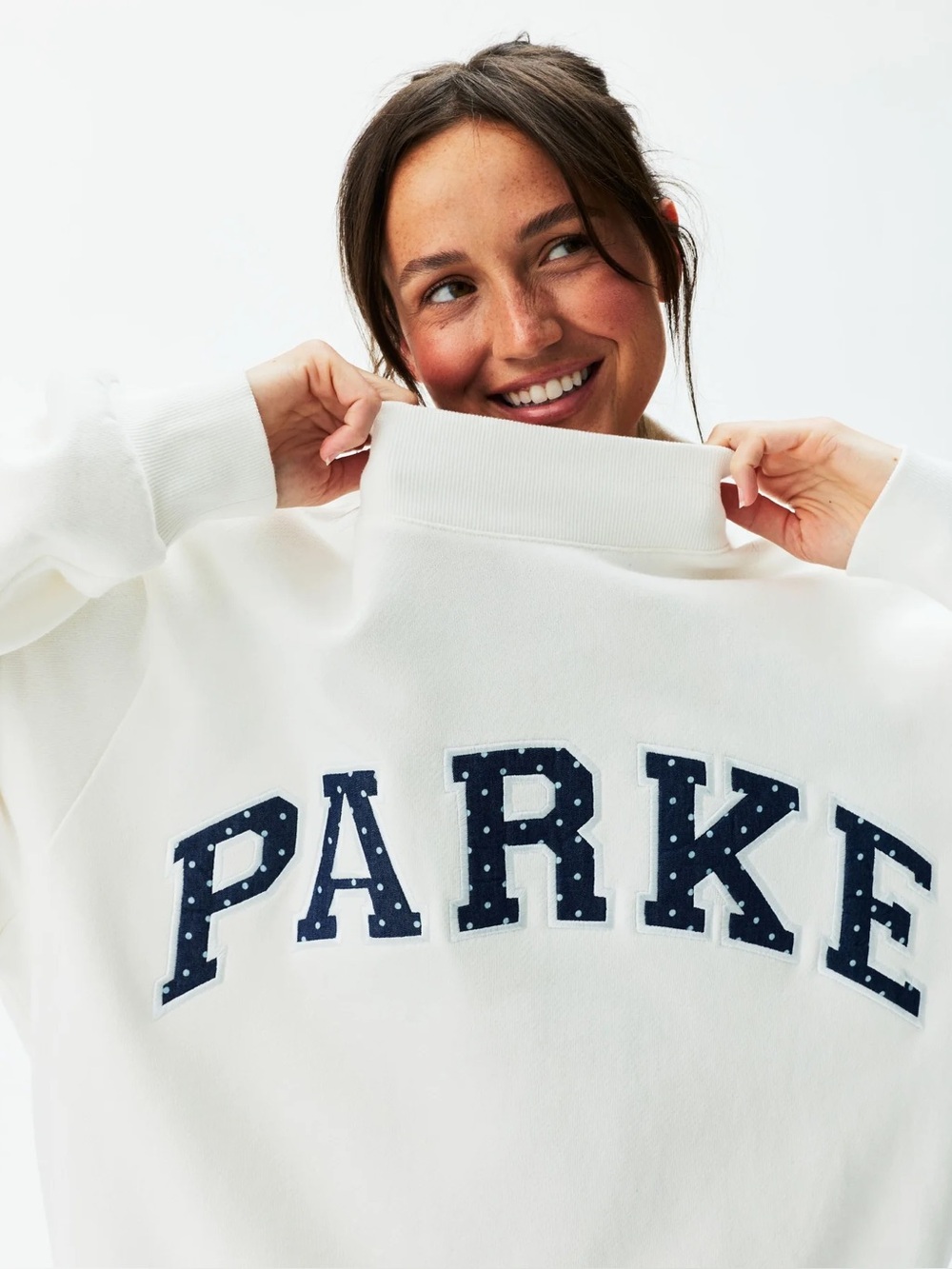 Parke Cream Navy Polka‑Dot Logo Mock Neck Sweatshirt